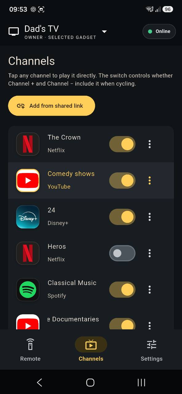 Good Old TV app Channels screen showing a caregiver's channel list and controls for including channels when cycling.