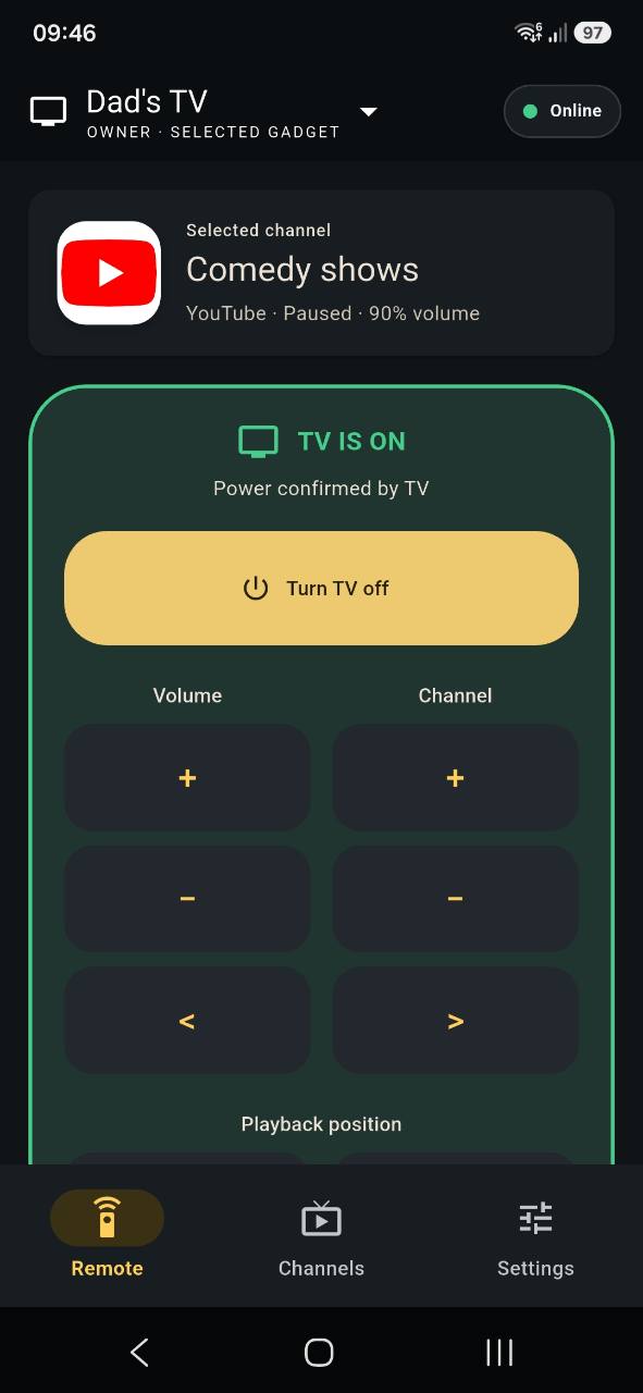Good Old TV app Remote screen showing the selected channel, television power, volume, channel and playback controls.