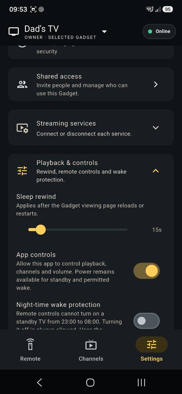 Good Old TV app Settings screen showing playback controls, sleep rewind and night-time wake protection.