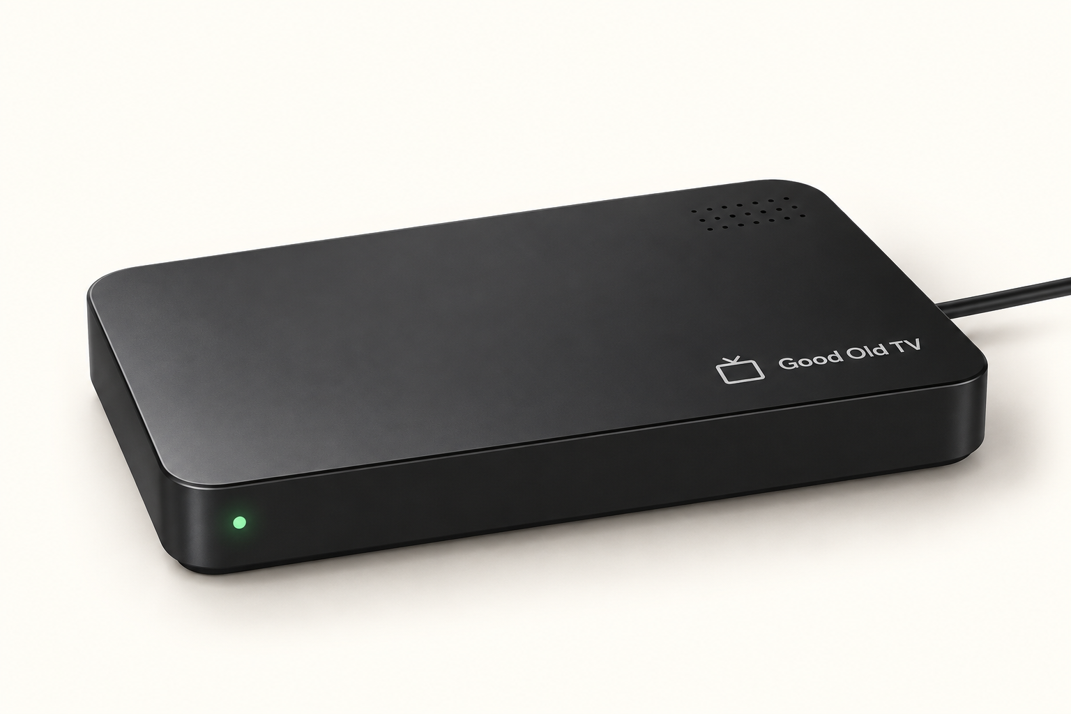 Representative Good Old TV gadget: a compact black television box with a connected cable and green status light.