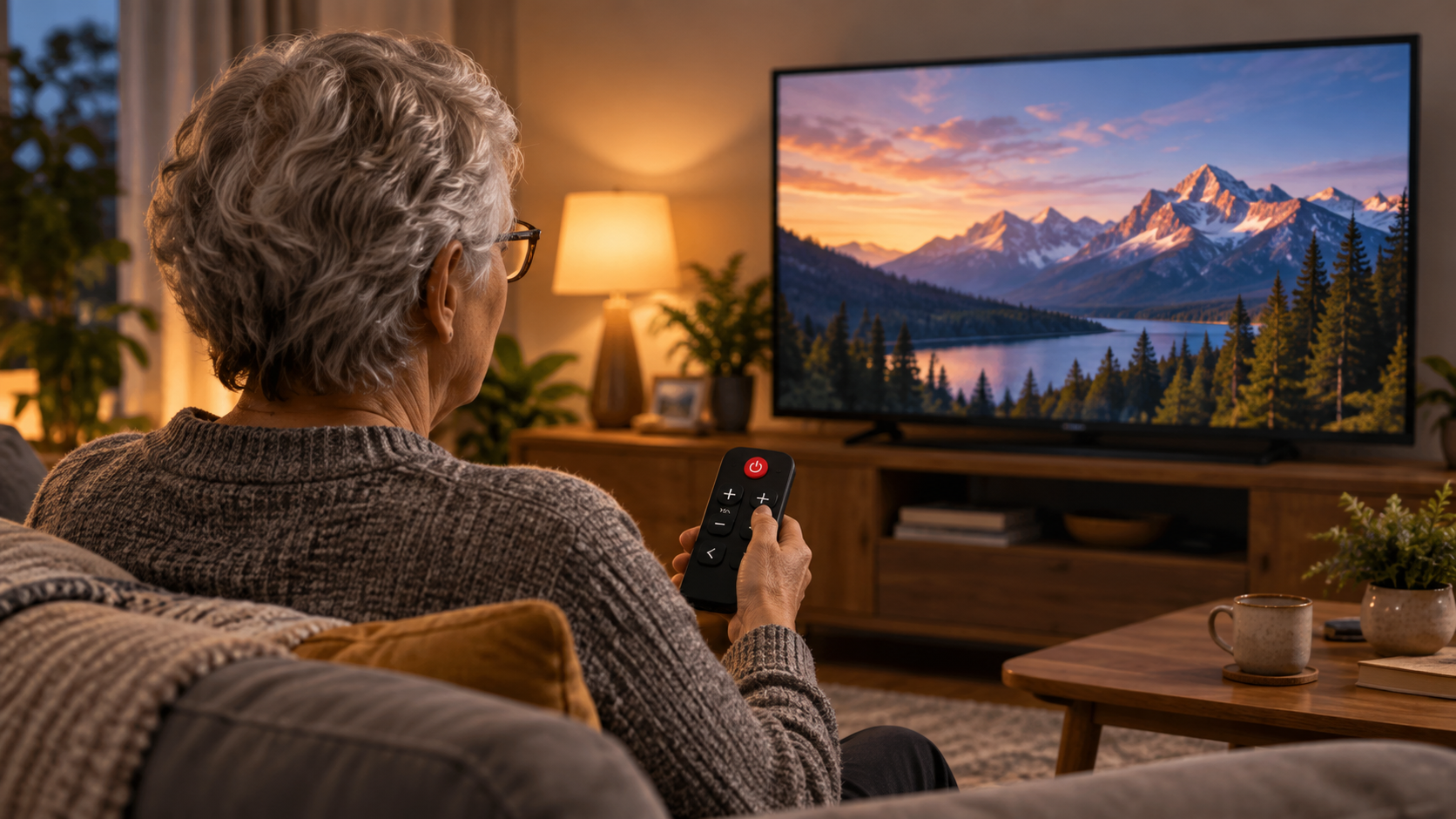 An older viewer seen from behind, relaxing at home and watching television with a small remote in hand.